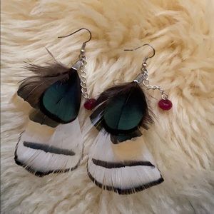 Silver feathers and red stone earrings